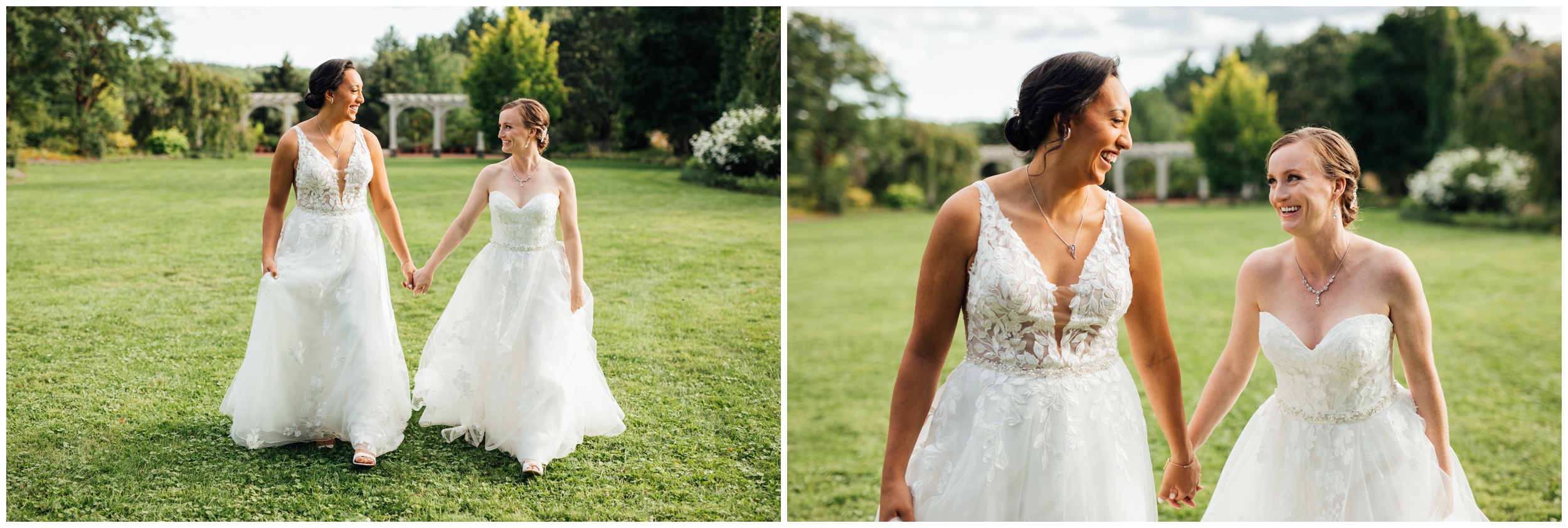 Two brides sharing an intimate portrait at New England Botanic Garden at Tower Hill during their same sex wedding