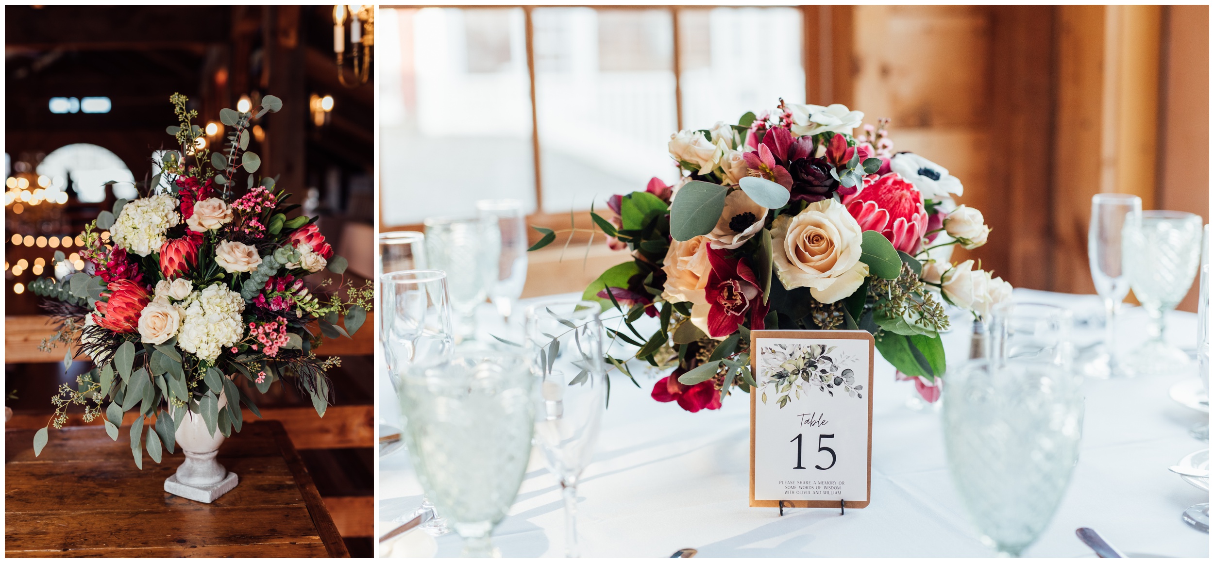 Floral ceremony decor inside Red Lion Inn barn wedding in Cohasset MA