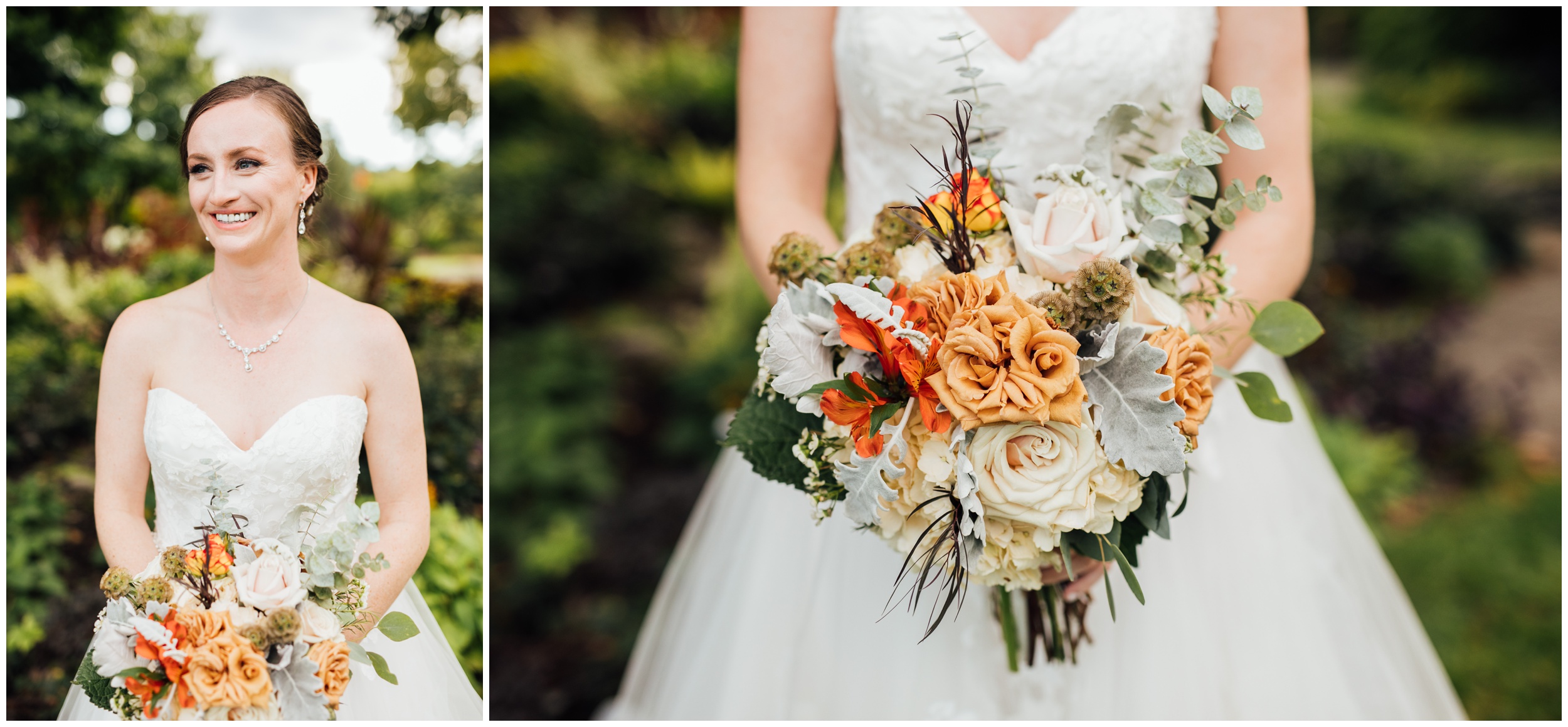 Wedding portrait of bride with autumn toned bouquet at New England Botanic Garden at Tower Hill