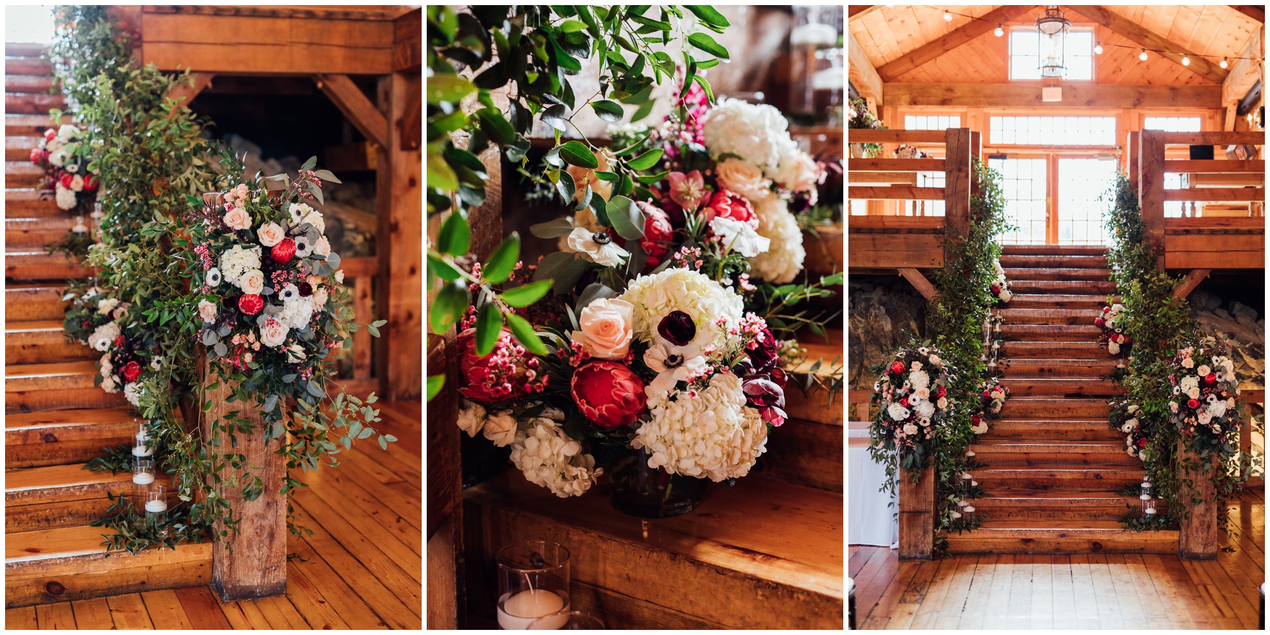 Floral ceremony decor inside Red Lion Inn barn wedding in Cohasset MA