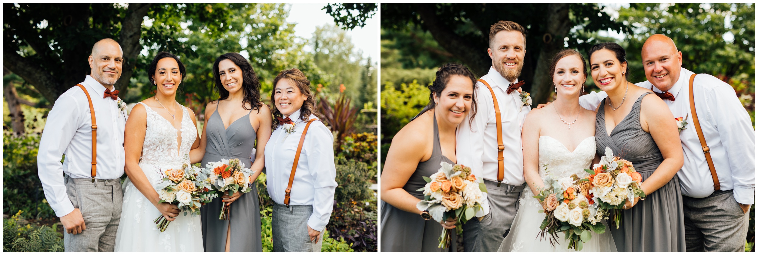 Wedding party portrait with two brides and bridesmaids at New England Botanic Garden at Tower Hill in Massachusetts