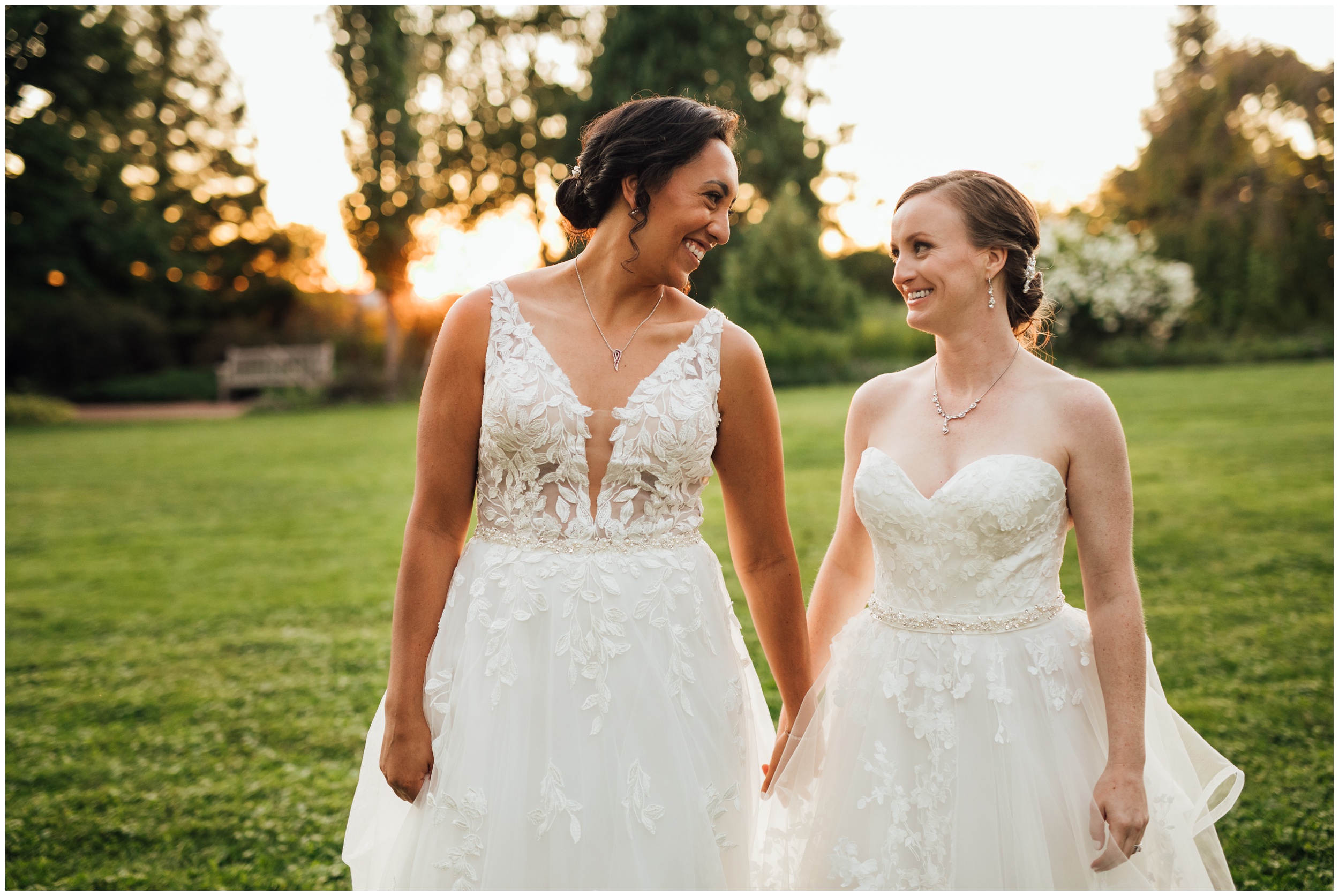 Same sex wedding sunset portraits at New England Botanic Garden at Tower Hill