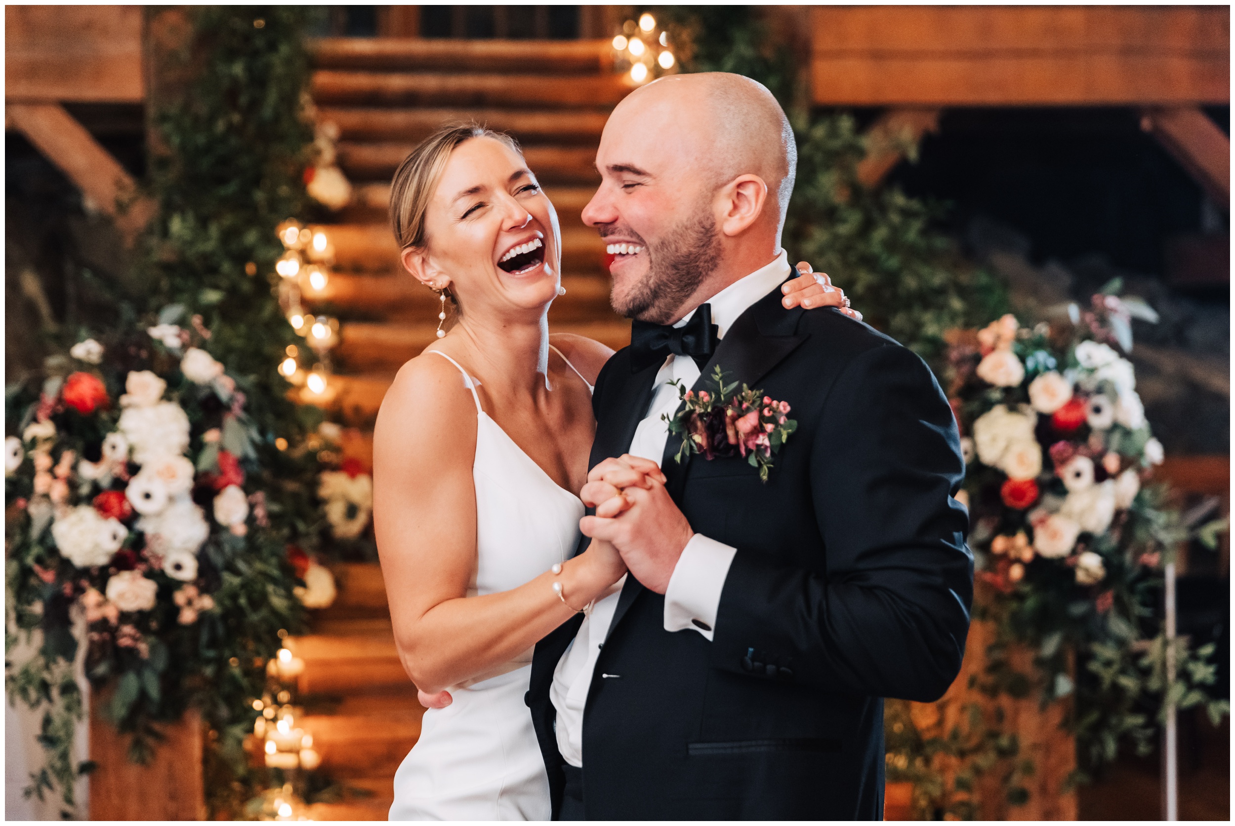 bride and groom laughing during first dance at red lion inn cohasset ma 
