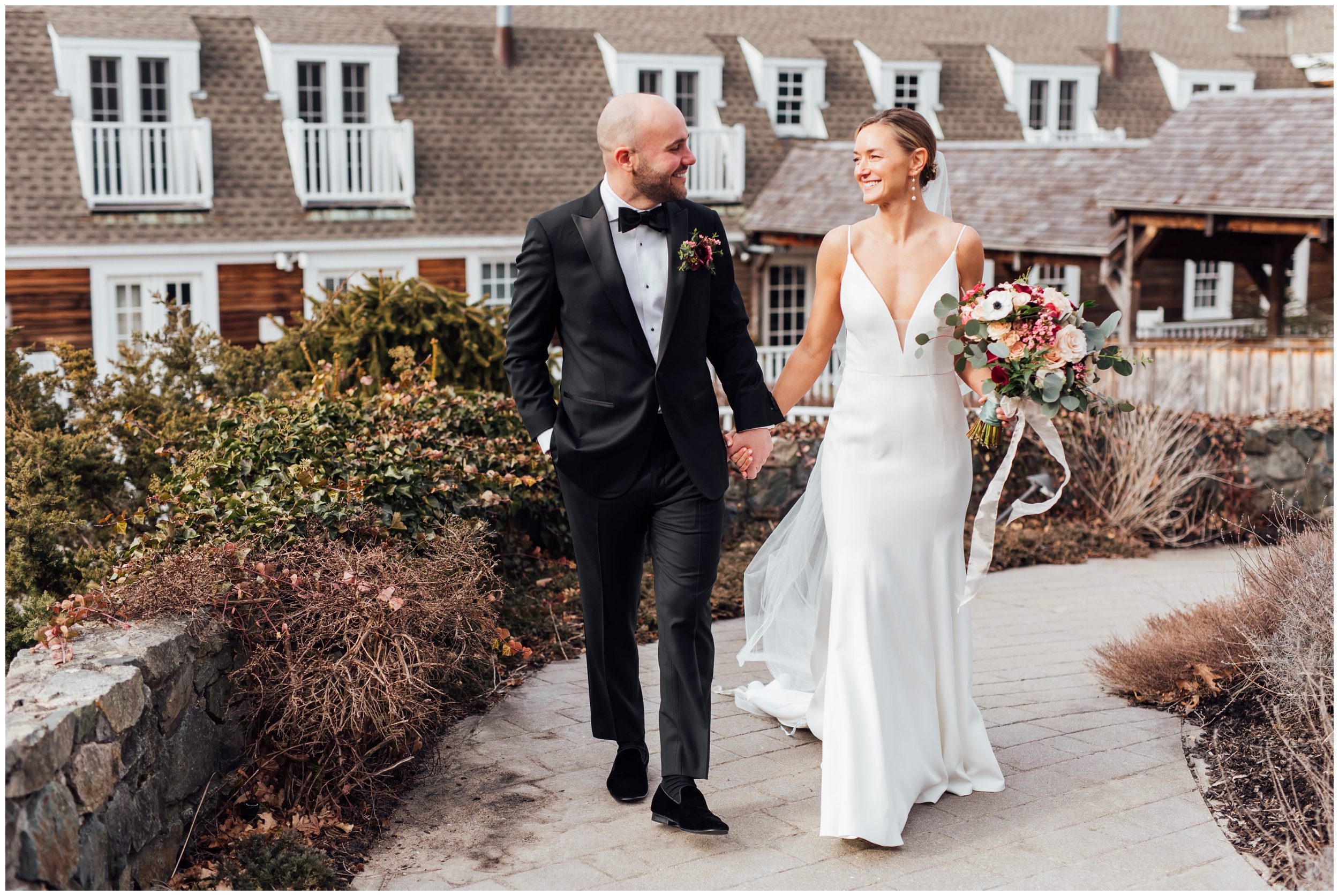 Bride and groom portrait at Red Lion Inn winter wedding in Cohasset MA