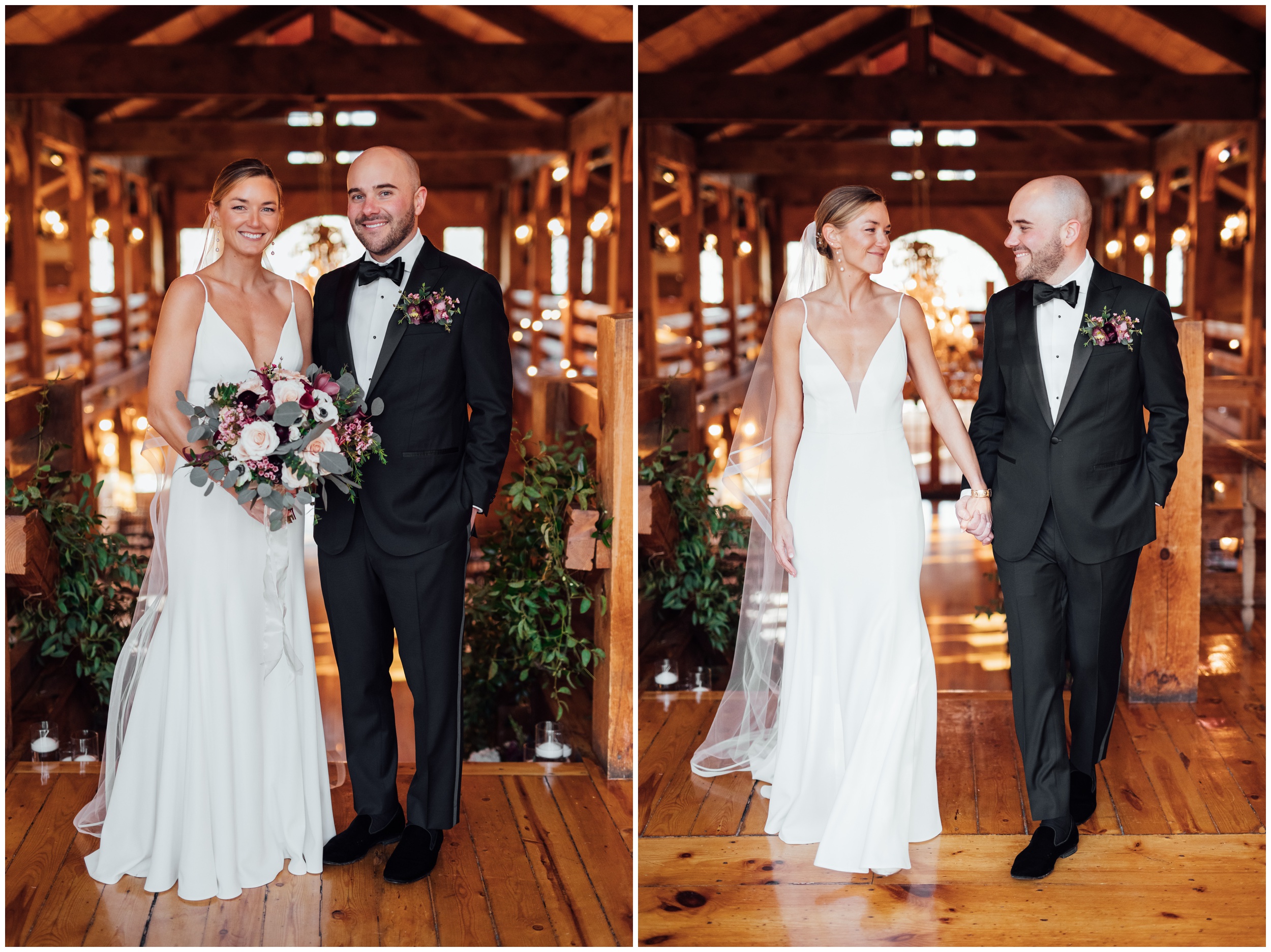 Bride and groom portrait inside Red Lion Inn barn in Cohasset MA winter wedding