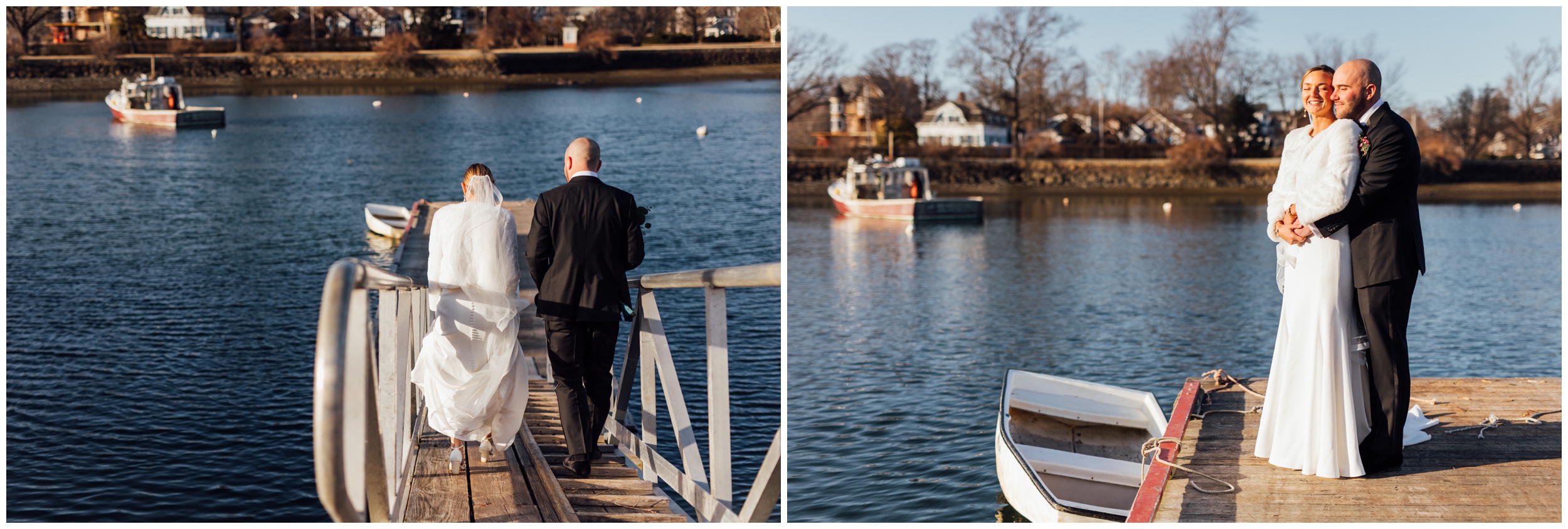 Bride and groom walking on dock during winter wedding at Red Lion Inn in Cohasset MA