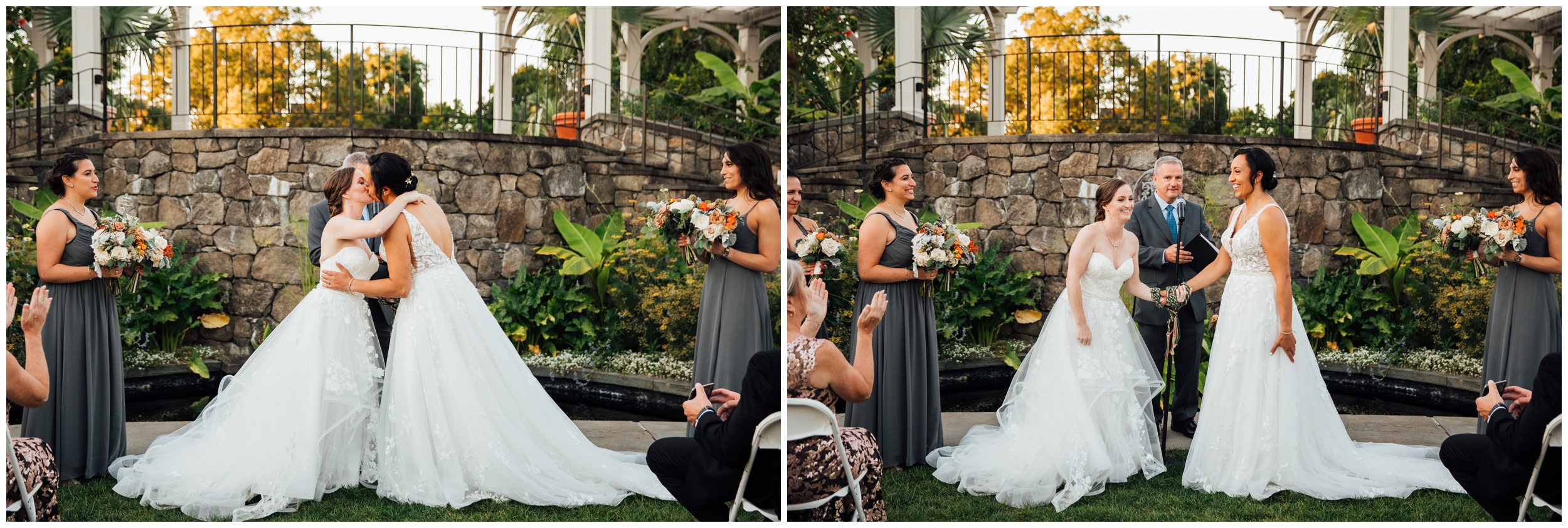 Two brides sharing their first kiss during ceremony at New England Botanic Garden at Tower Hill in Massachusetts