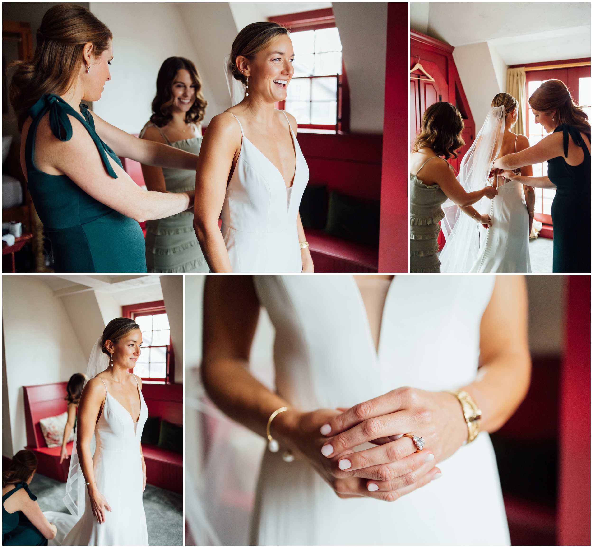 Bride getting ready with bridesmaids at Red Lion Inn winter wedding in Cohasset MA