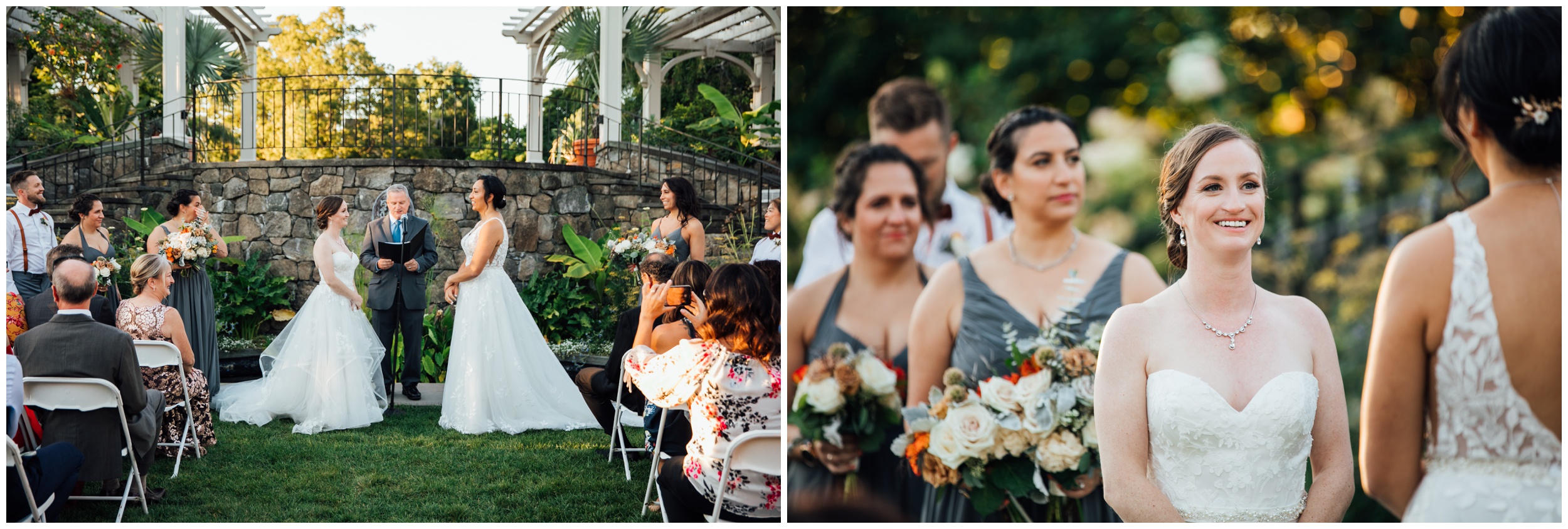 Two brides exchanging vows during outdoor ceremony at New England Botanic Garden at Tower Hill in Massachusetts