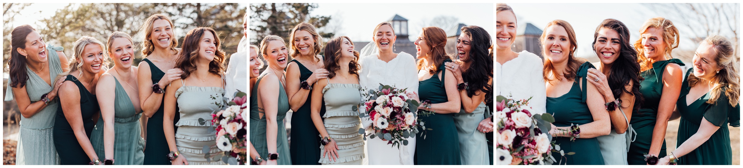 Bride with bridesmaids during winter wedding at Red Lion Inn in Cohasset MA