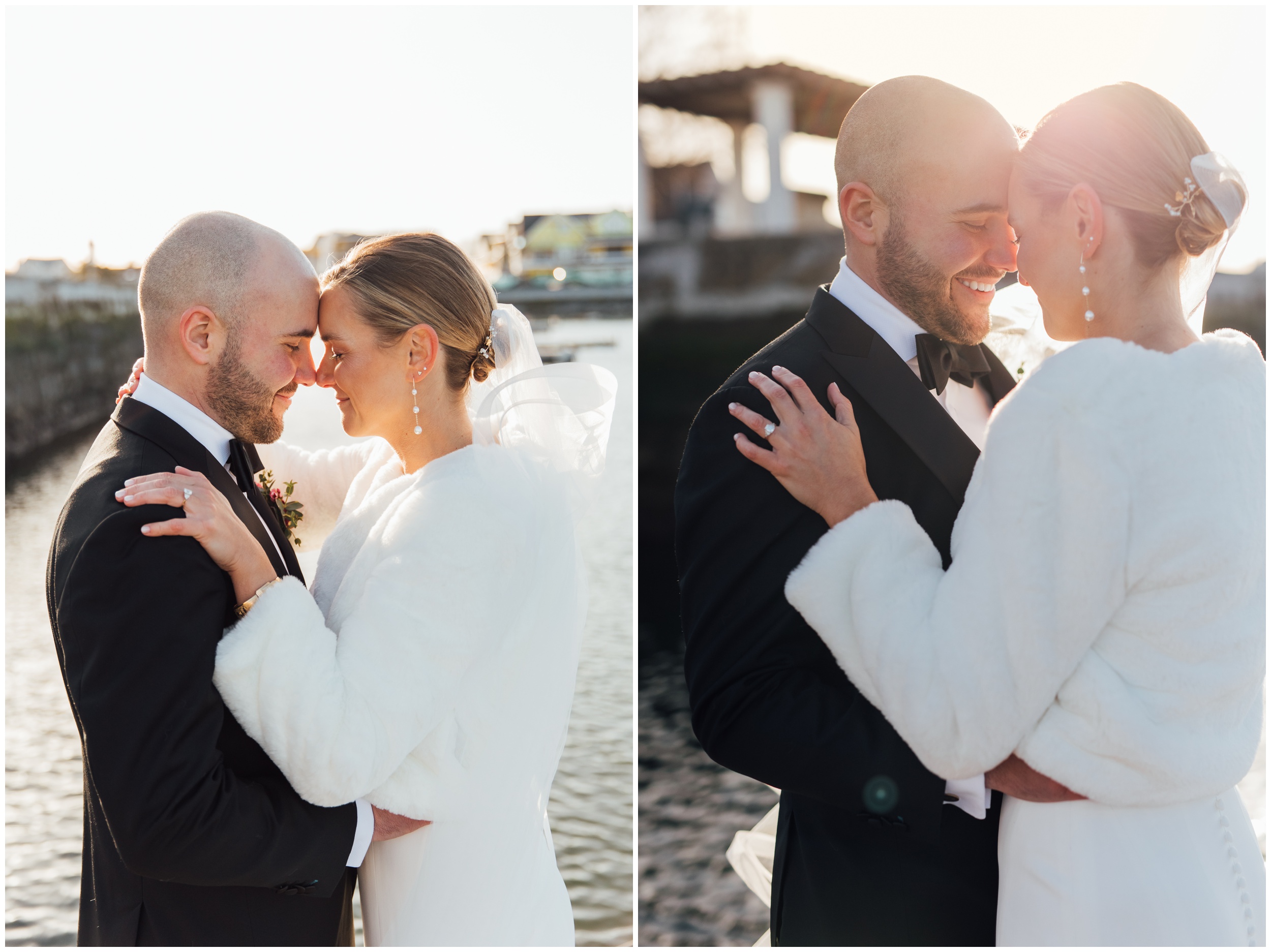 Bride and groom portraits on dock during winter wedding at Red Lion Inn in Cohasset MA