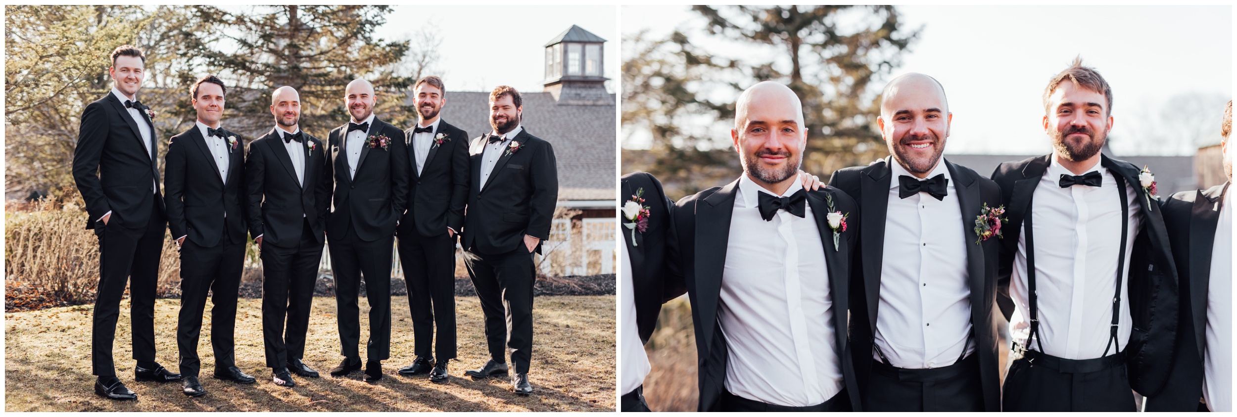 Groom with groomsmen during winter wedding at Red Lion Inn in Cohasset MA