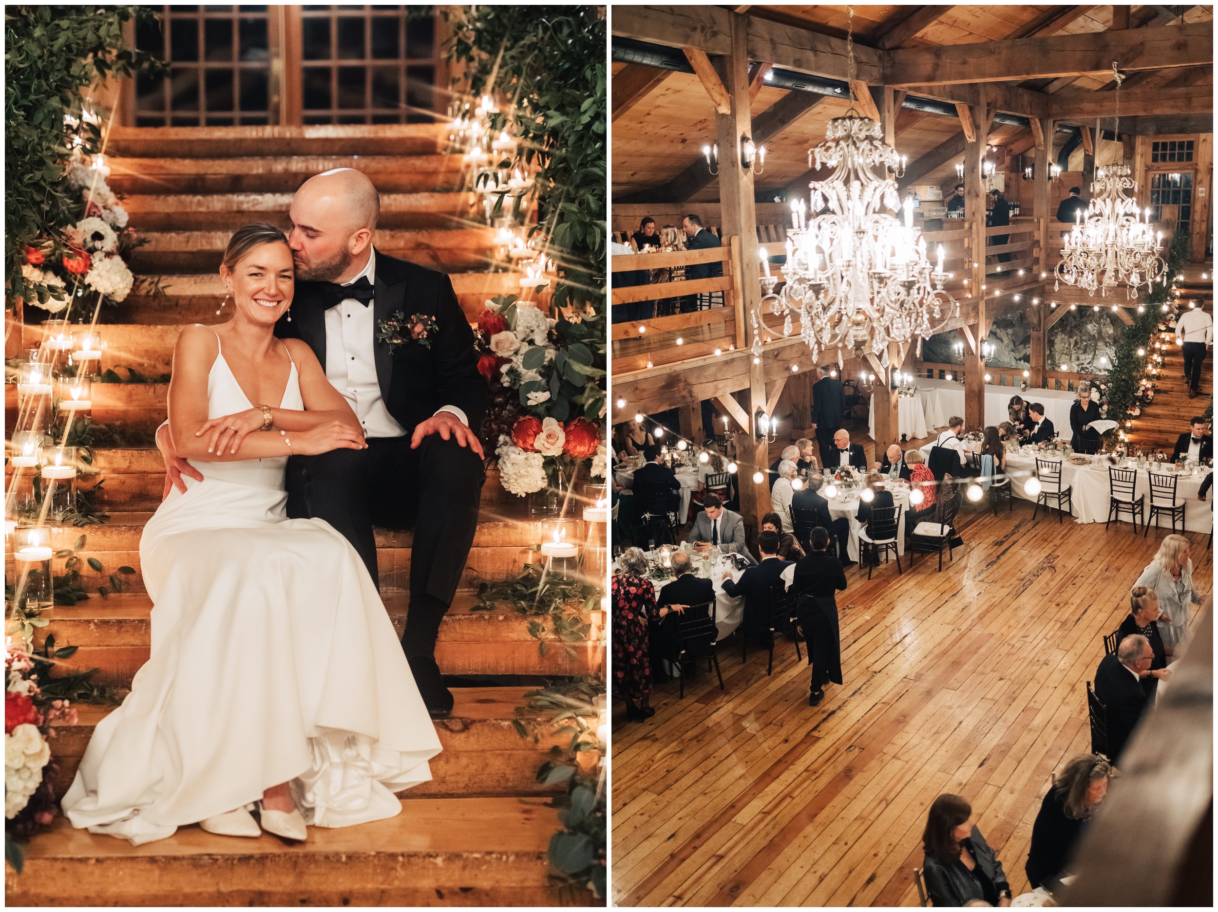 bride and groom portrait on stairs at red lion inn cohasset ma 