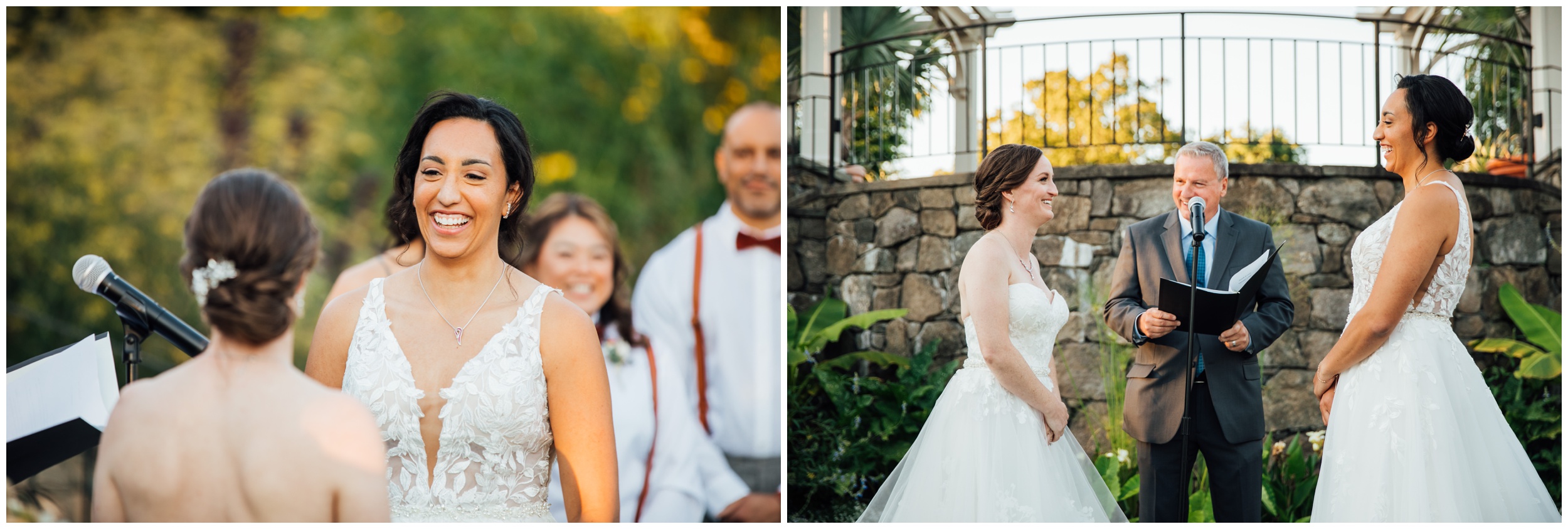 Two brides exchanging vows during outdoor ceremony at New England Botanic Garden at Tower Hill in Massachusetts