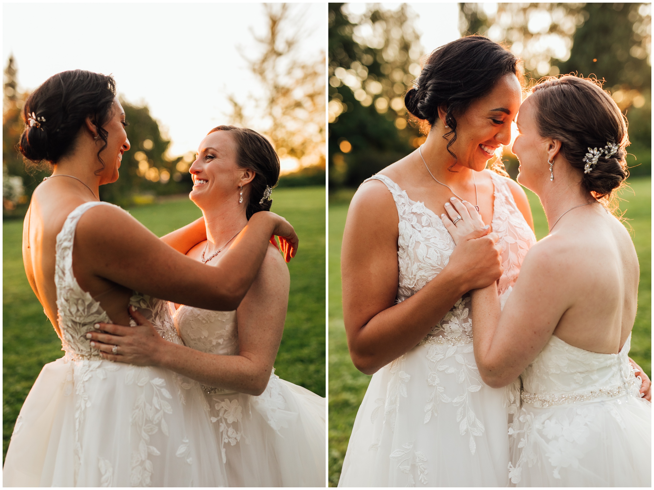 Same sex wedding sunset portraits at New England Botanic Garden at Tower Hill