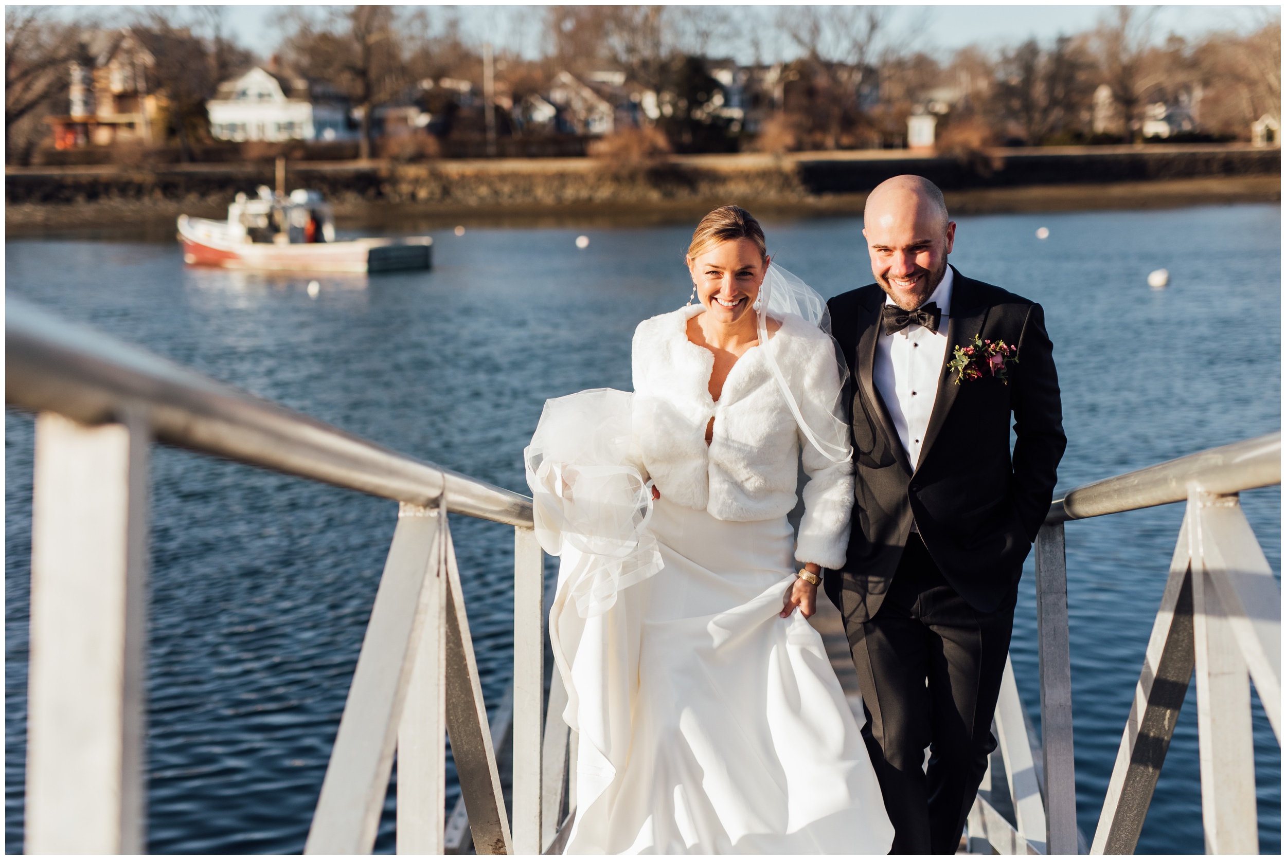 Bride and groom portraits on dock during winter wedding at Red Lion Inn in Cohasset MA