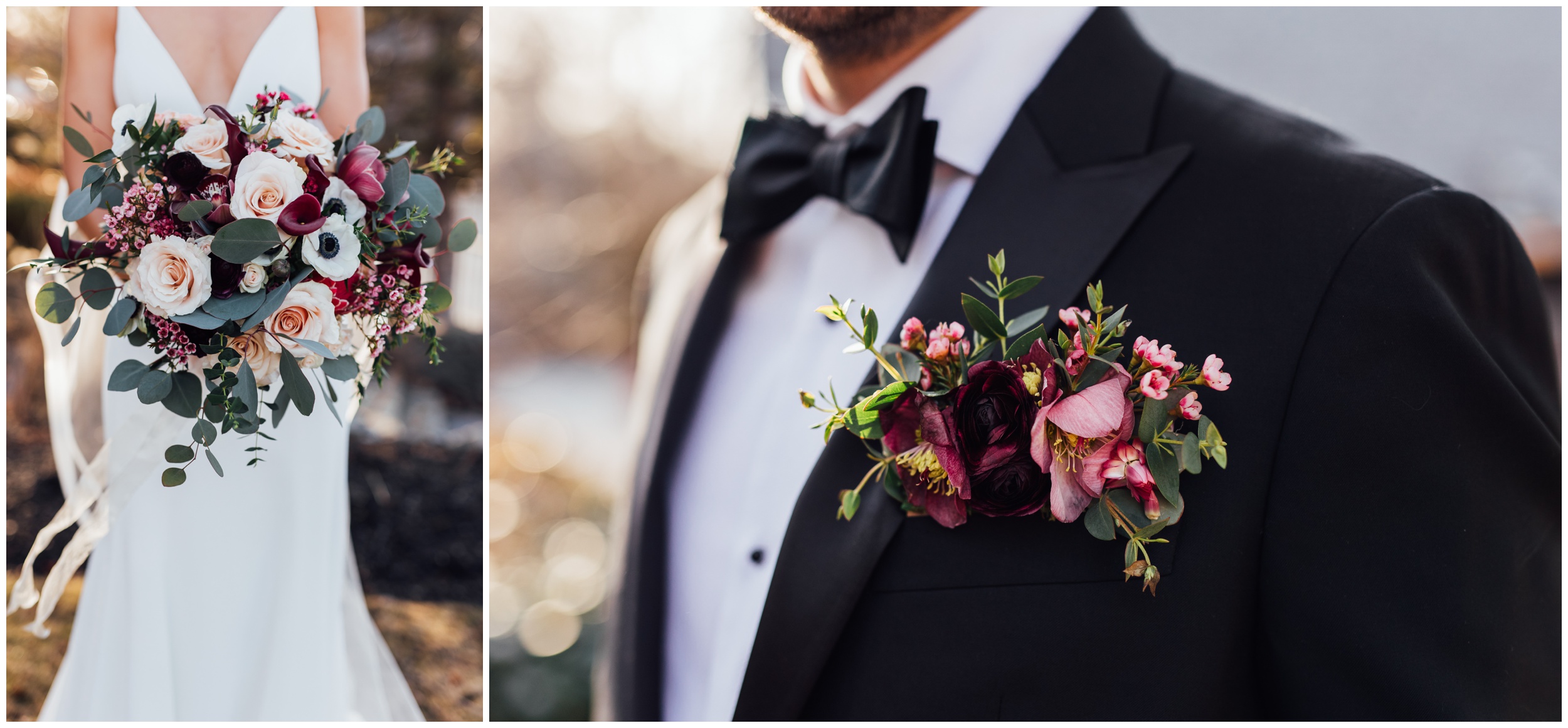 Bridal bouquet during winter wedding at Red Lion Inn in Cohasset MA Groom boutonniere detail at Red Lion Inn winter wedding in Cohasset Massachusetts