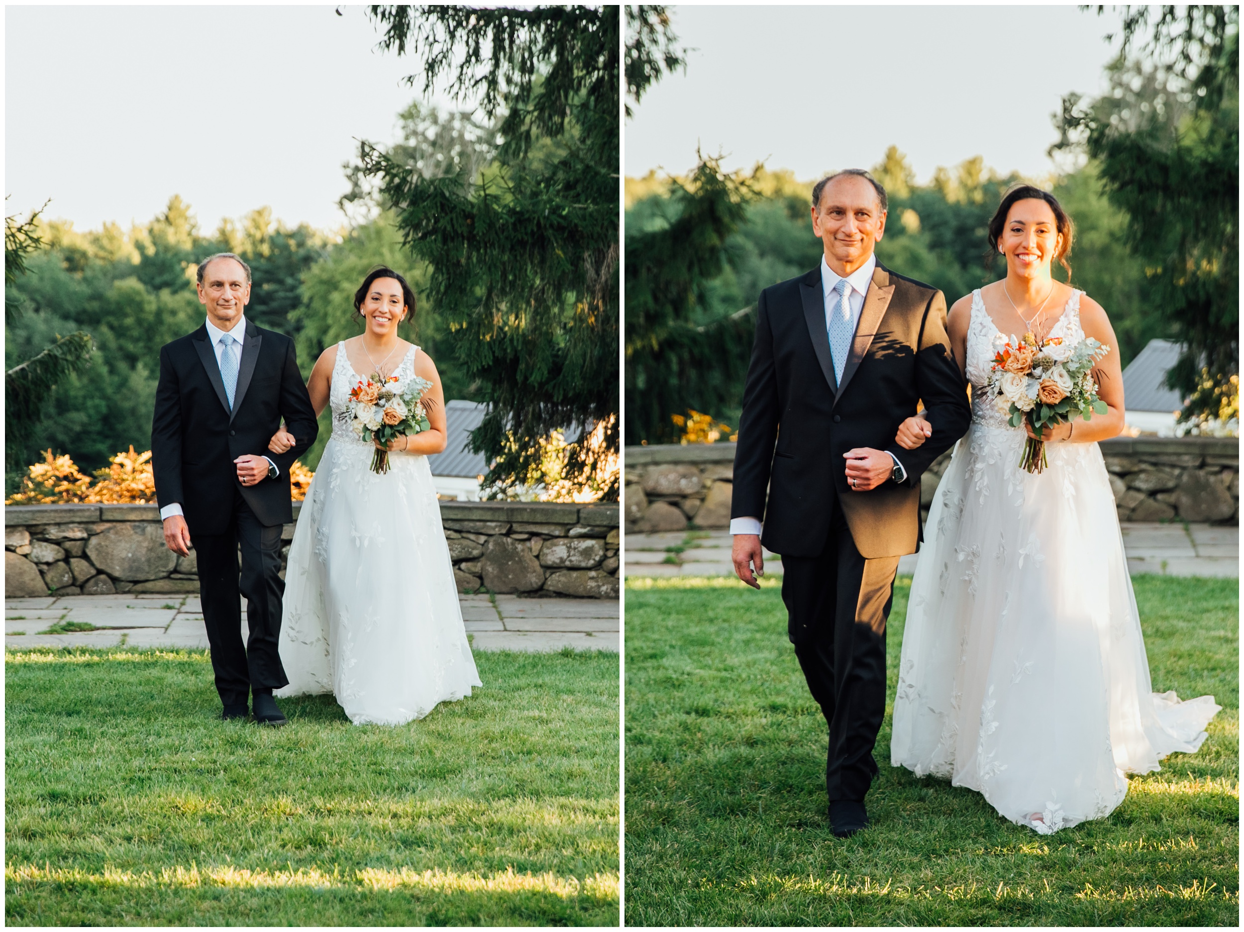 Bride walking with her father during outdoor ceremony at New England Botanic Garden at Tower Hill in Massachusetts